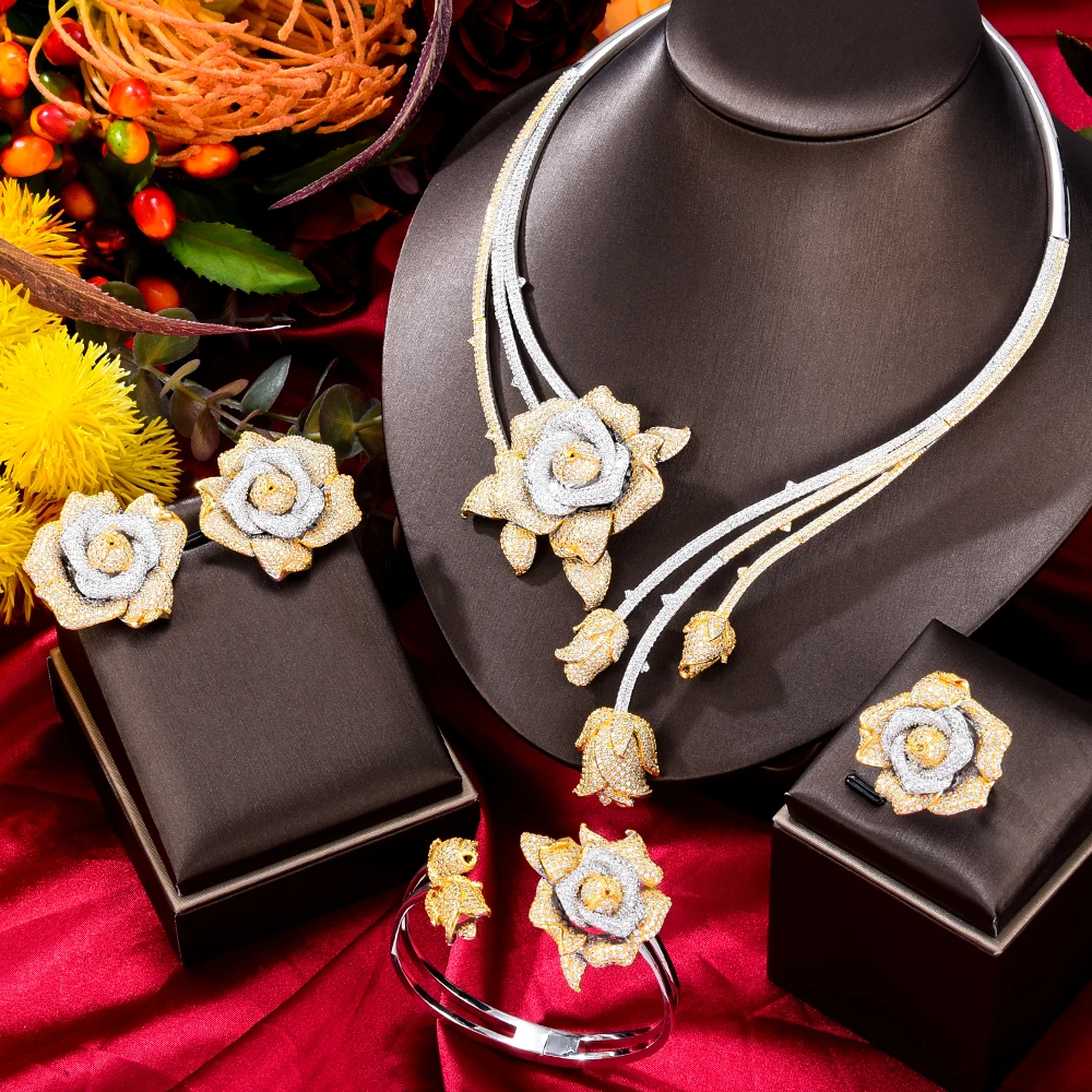 GODKI Trendy Luxury 4PCS Flower Nigeria Statement Jewelry Sets For Women Wedding Full Cubic Zircon Dubai Bridal jewelry Set 2022