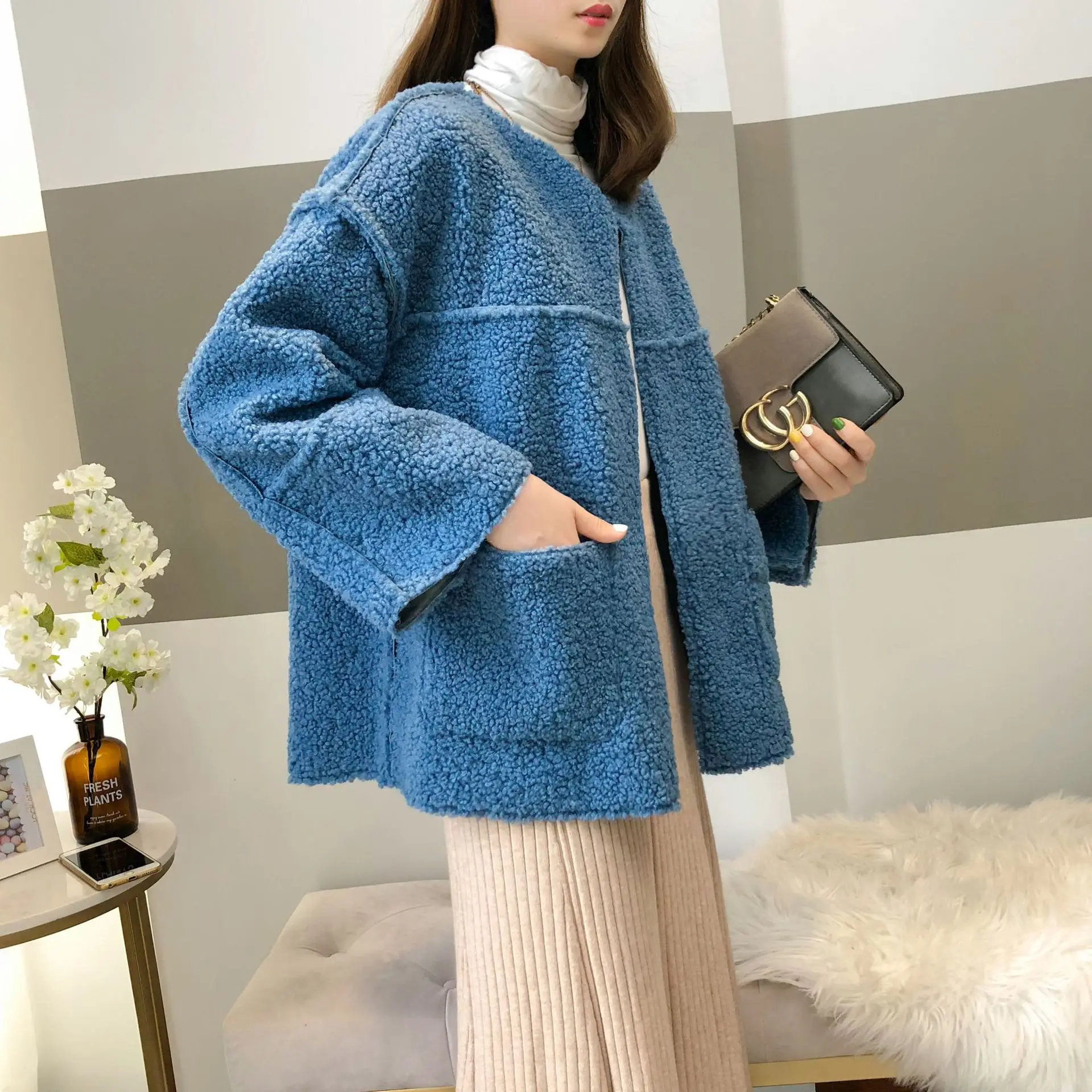 Elegant Faux Fur Woolen Coat Women Fashion Autumn Winter Warm Soft  Fur Jacket Female Plush Overcoat Pocket Casual Teddy Outwear