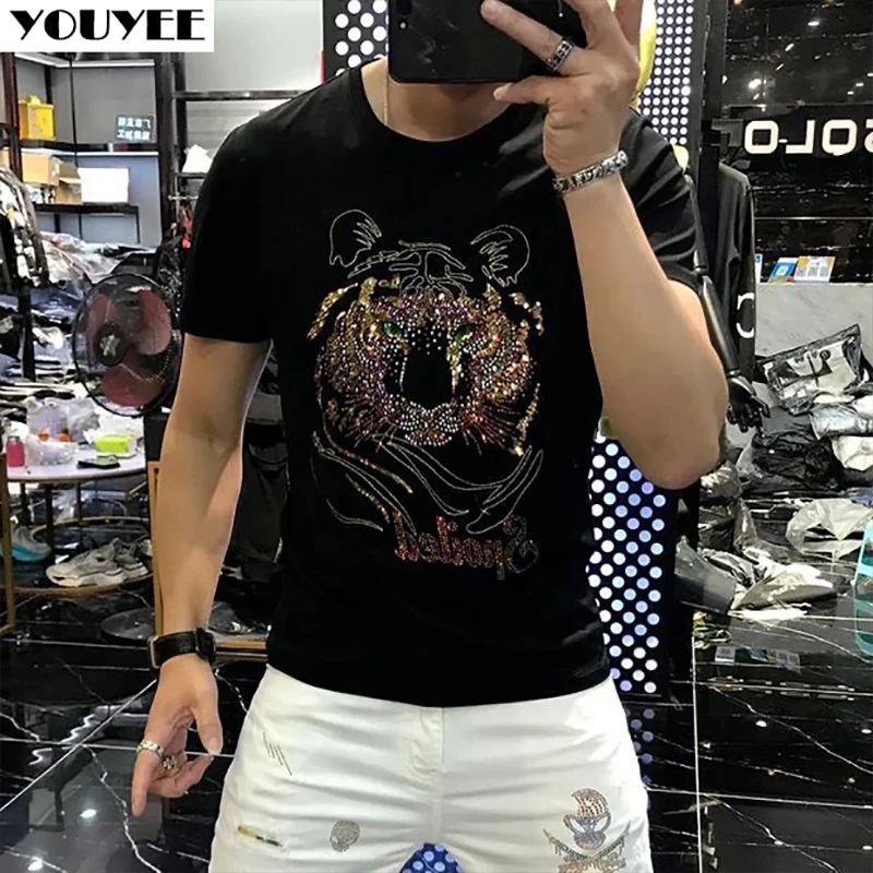 メンズTシャツ,タイガーヘッドドレス,ラインストーン付き,トレンディ,ラウンドネック,スリム,高品質,コットン,半袖