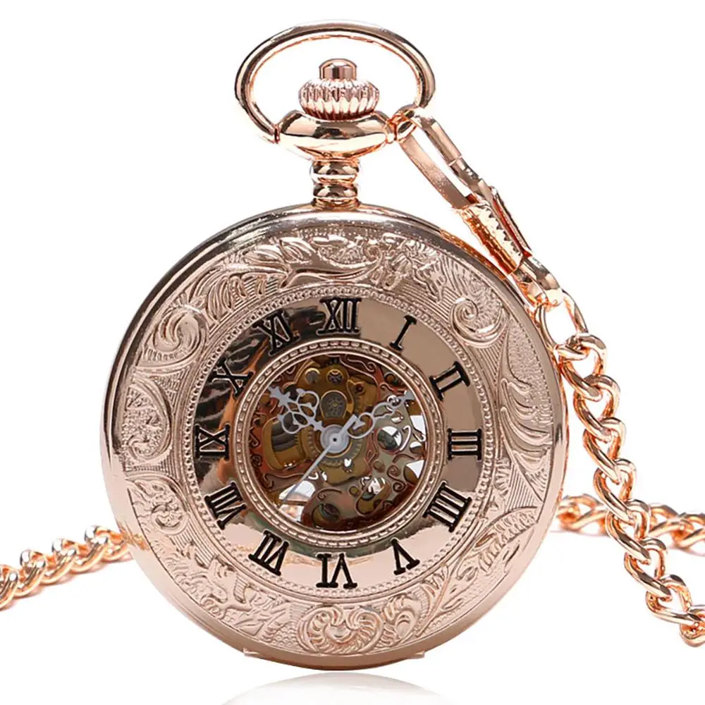 Charm Rose Gold-reloj de bolsillo mecánico para hombre y mujer, cadena de vestir, joyería de moda, doble abierto, Hunter FOB, regalo en línea