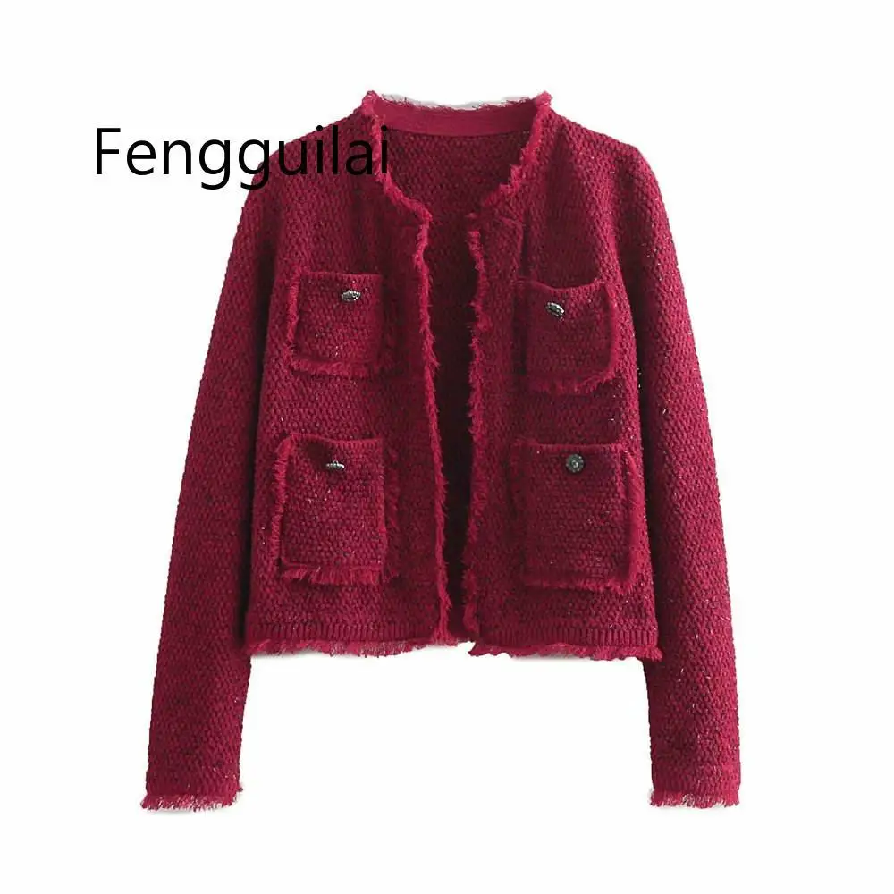 Elegante giacca morbida in Tweed nappa maniche lunghe O collo donna ufficio signora Tweed cappotto vino rosso donna giacca corta Cardigan nuovo