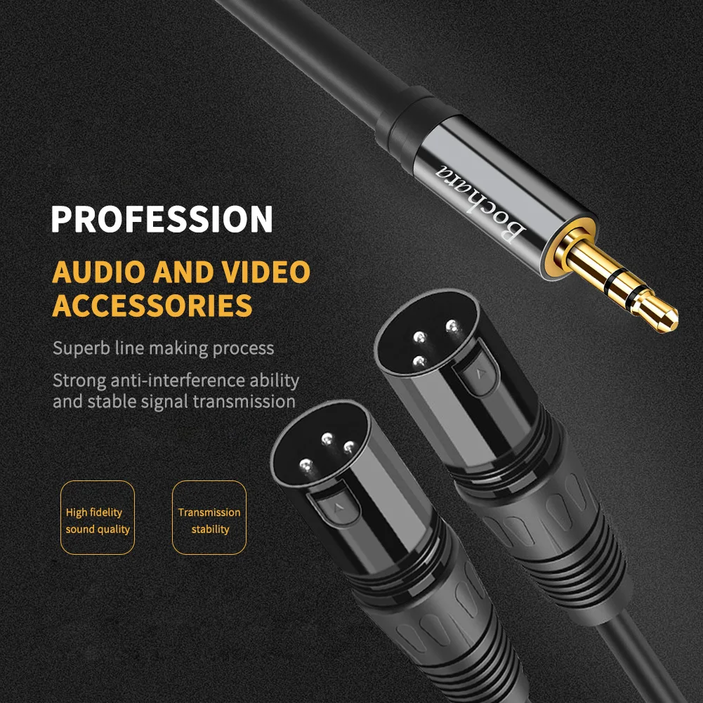 Bochara 3.5mm Stereo Jack to Dual XLR Male OFC Aux Audio Cable Foil+Braided Shielded For Speakers Mixer 1.5m 3m 5m