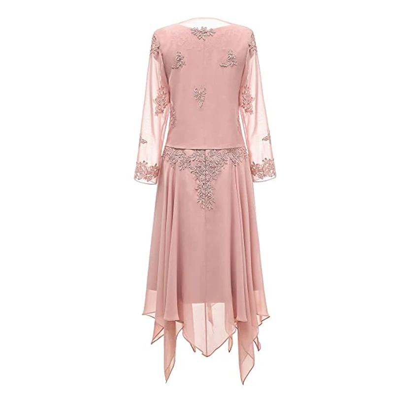 Mother of the Bride Dresses Elegant Pink Lace V-neck Pantsuit 2 Pieces Plus Size Wedding Party Guest Gown Long Sleeves Jacket