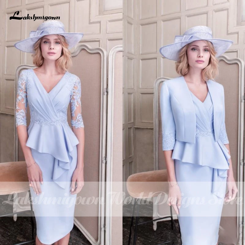 Lakshmigown-vestidos de encaje azul claro para madre de la novia, con chaqueta, apliques, vestidos de noche, escote en V, vestido de invitados de boda