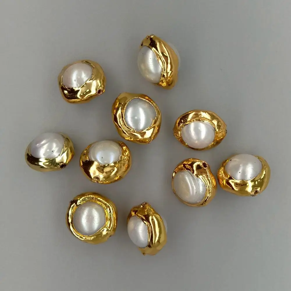 10 pcs Gold Plated Natural White Pearl Beads Gemstone Charm Jewelry DIY Making