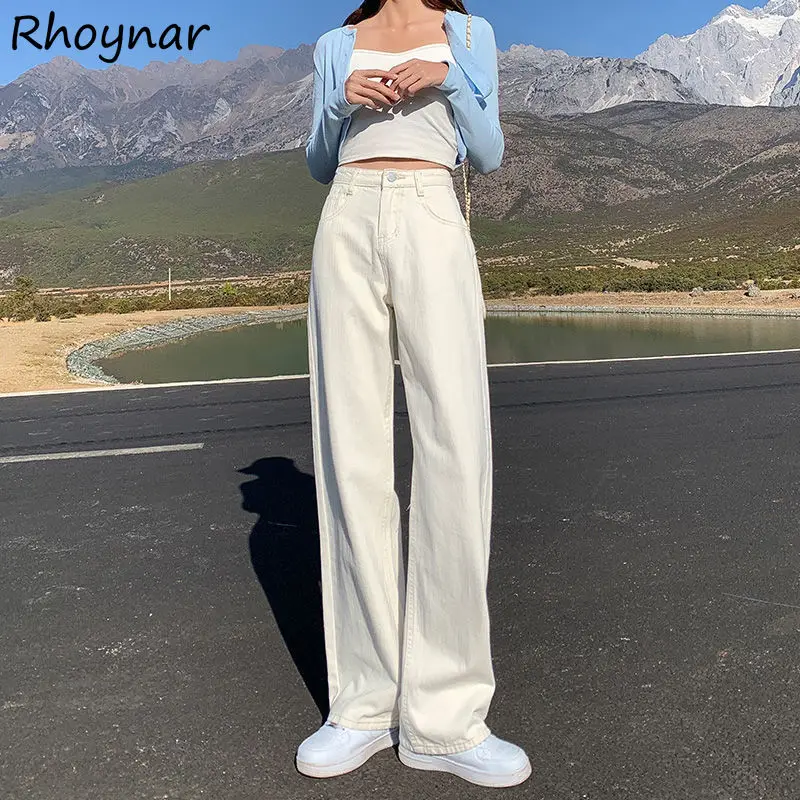 Jeans Women Leisure Vintage Wide Leg Elegant Fashion Loose Streetwear High Waist Full-length All-match Pockets Lady Simple Solid