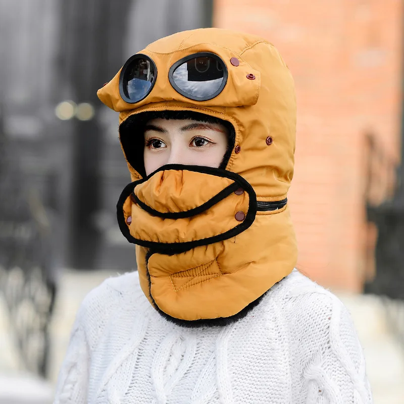 2023 Winter Bomber Hat with Glasses Masks Windproof Hood Pilot Russian Hats Warm Earflap Trapper Cap Adult Balaclava Ski Caps