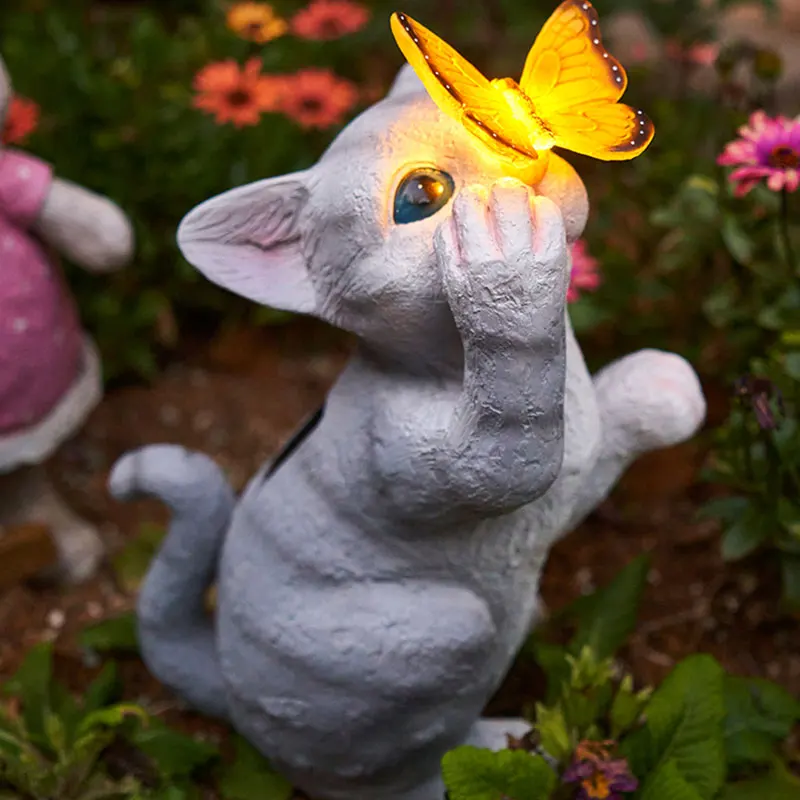 

Garden Cat Sculpture Solar Luminous Gardening Kitten Decoration Waterproof Decor Animal Statue Outdoor Courtyard Crafts Handmade