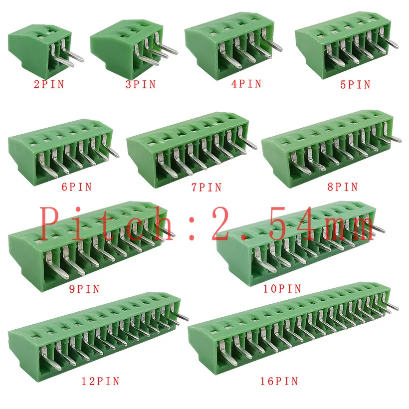 2.54mm/0.1" Pitch PCB Screw Terminal Block Connector 2P 3P 4P 5P 6P 7P 8P 9P 10P 12P 16Pin Terminals 150V 6A for 26-18AWG Cable
