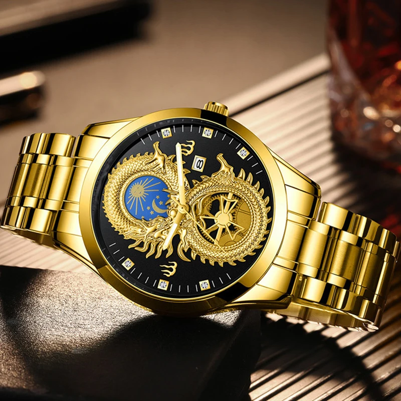 

Dragon Phoenix Men's Luxury Business Watch Moon and Star Glow in the Dark Calendar Gold Plated Waterproof d88