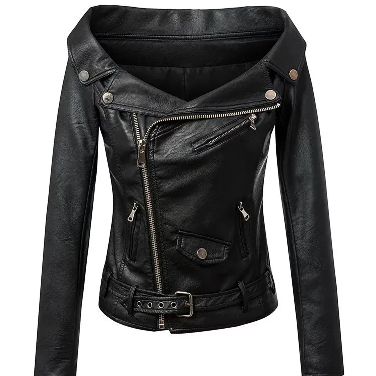 Women Faux Leather PU Jacket Autumn Sexy Slash Neck Biker Motorcycle Casual Zipper Party Short Belted Basic Punk Jacket E6294