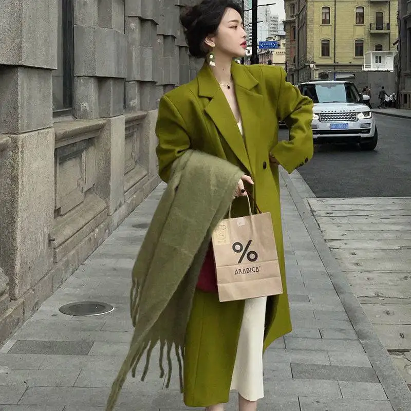 Women Woolen Coat Korean Loose Chic Cashmere Outwear Elegant Long Wool Coat Female Oversized Woolen Blends Overcoat Fall Winter