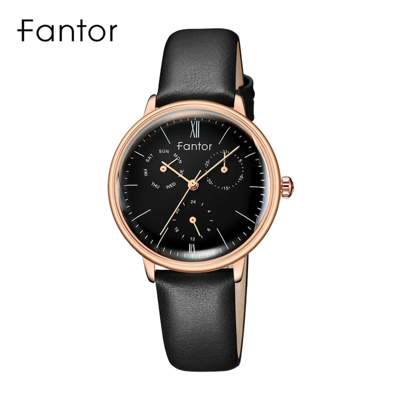 Fantor Brand Woman Luxury Watch Fashion Elegant Ladies Chronograph Quartz Wristwatch Women Leather Wrist Watch Black