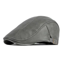 Autumn Winter Pu Solid Color Newsboy Caps Flat Peaked Cap Men and Women Painter Beret Hats 35