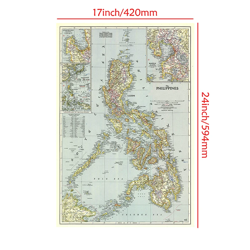 Mapa mundi de decoração caseira a2 filipinas (1945), cartaz antigo, retrô, papel fosco, mapa de papel kraft, sem moldura