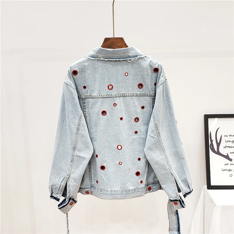 Denim Streetwear Jacket Women Circle Hollow Out Loose Vintage Jean Jacket Chic Light Blue Single Breasted Casual Short Coat