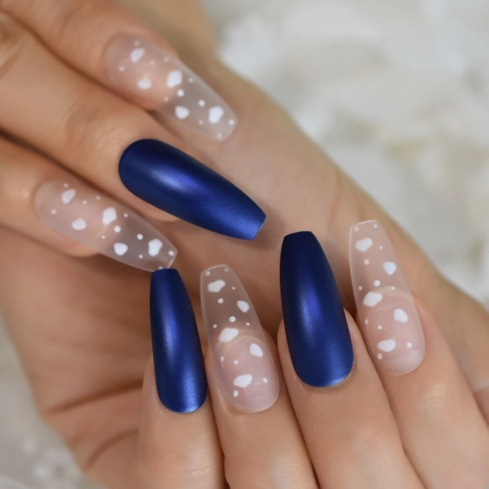 White Sky Cloud Dark Royal Blue Coffin Nails Extra Long Matte Press on Ballerina Frosted False Fake Finger Party nails 24pcs/set