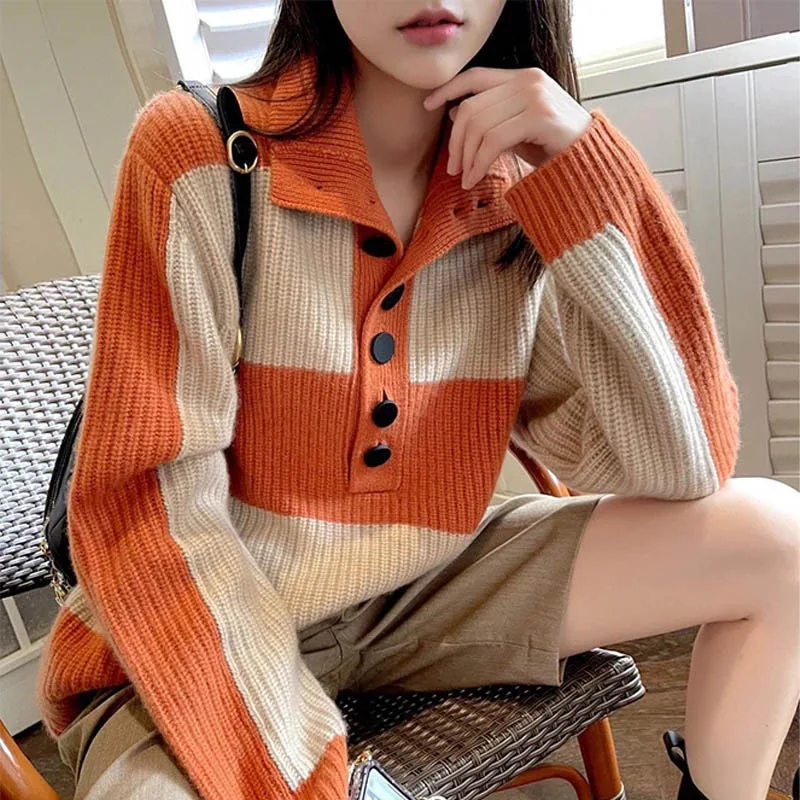 21287 Fall Winter Women’s Sweater Vintage Fashion Striped Print Polo Collar Button Knitwear Female Leisure Knitted Pullover New