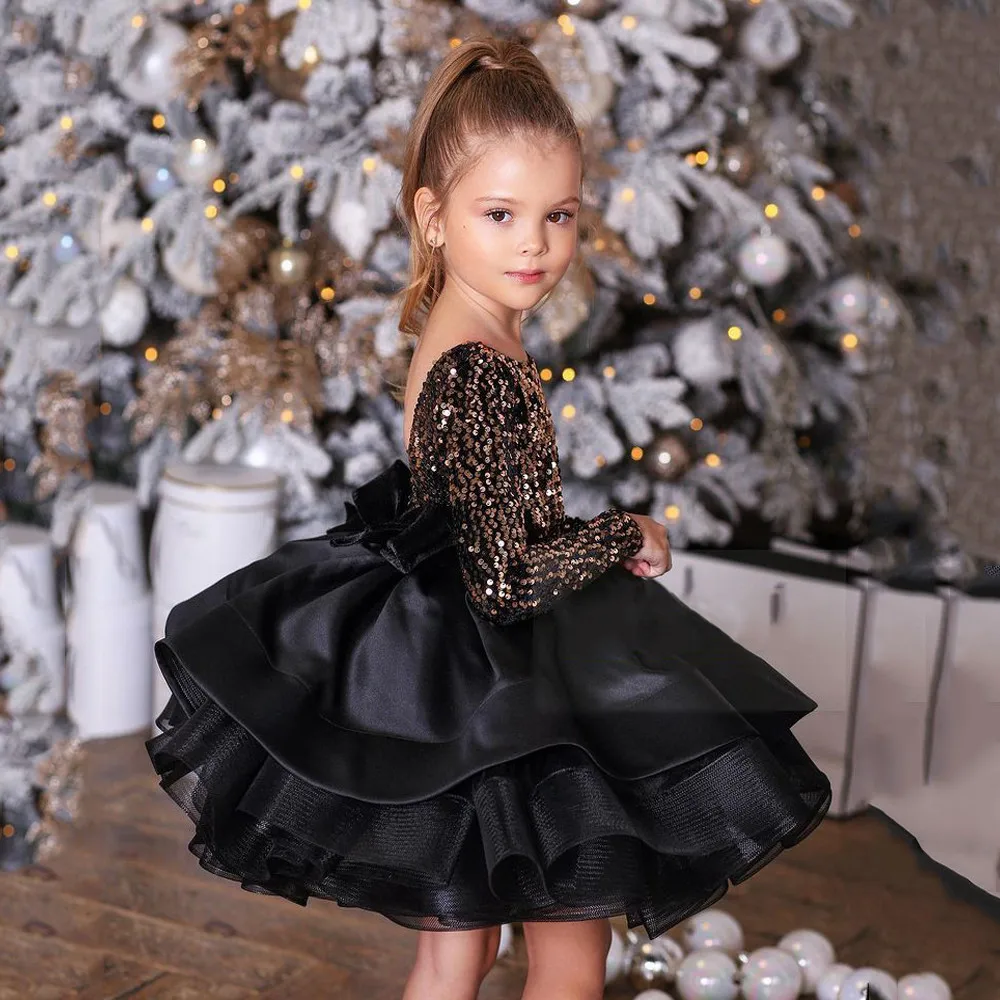 Gold Sequin Flower Girl Dress Long Sleeves Backless Scoop Neck Ruffles Tiered Girl's Black Party Gown Christmas Pageant Dresses