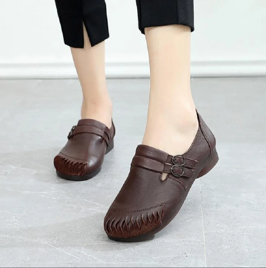 2021 Autumn New style Ballerinas Women Barefoot Flat Shoes women Genuine Leather Buckle Strap Ladies comfort Single Shoes Flat S