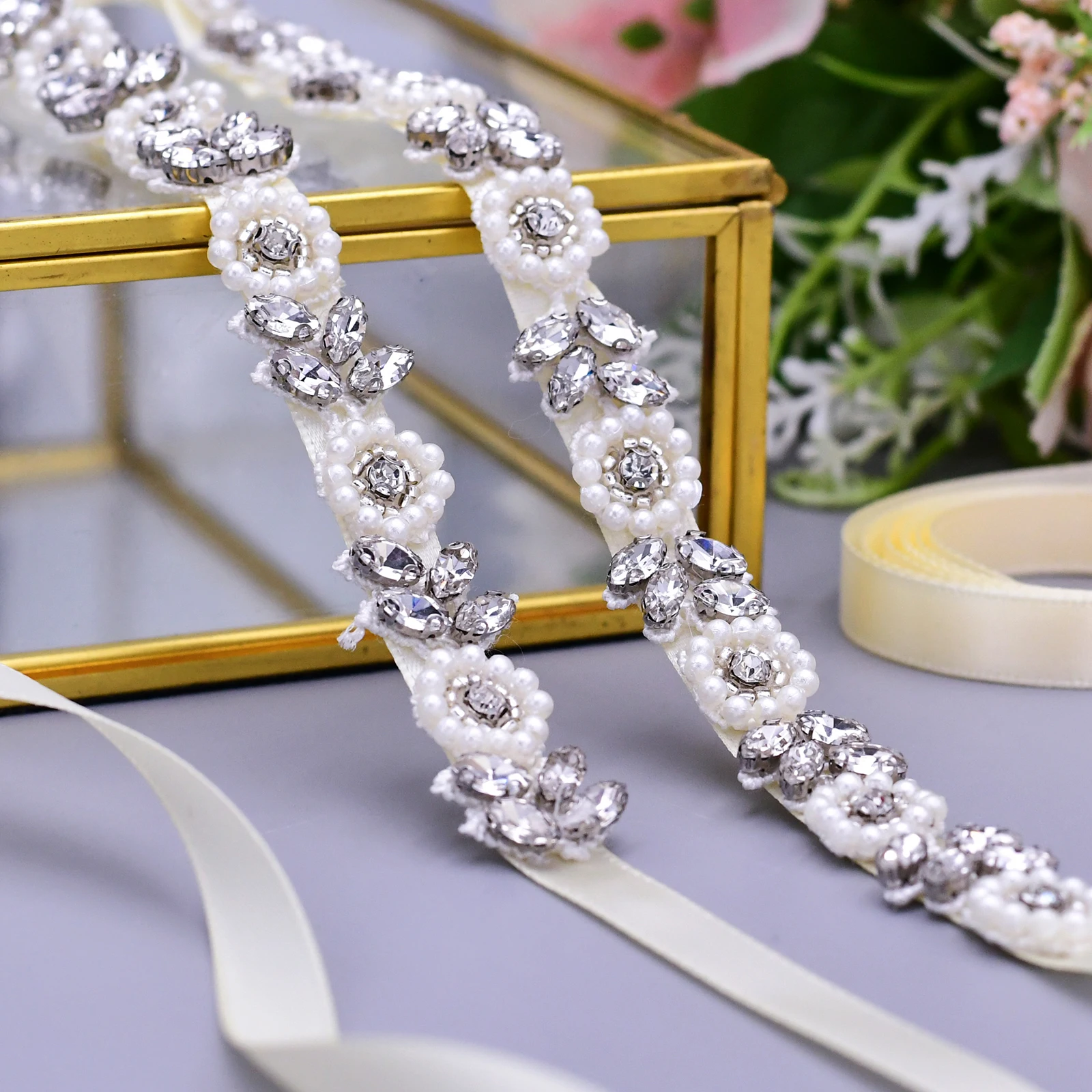 TRIXY S381 Wedding Belt for Bride Dress Pearl Rhinestone Trim Crystal Female Accessories Women Thin Silver Belt Women