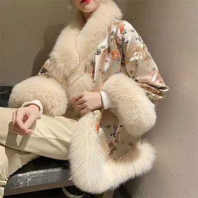 2021 Fashion New Chinese Style Cape Court Celebrity Satin Mid-Length High imitation fox fur Furry Fur Clothing Women\'s