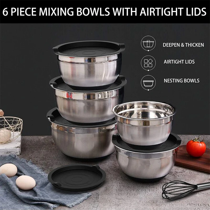 LMETJMA 6 Pcs Mixing Bowls with Lids and Non Slip Bases Stainless Steel Mixing Bowls Set for Baking Nesting Storage Bowls KC0418