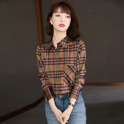 Woman Blouses Plaid Pocket Shirt Women Vintage Long Sleeve Top 2021 Spring Plus Size Women Clothing