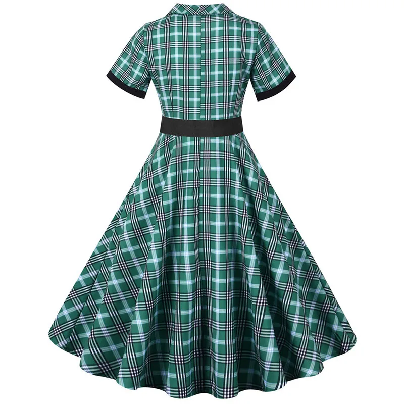 Notched Collar Plaid Print 50s Vintage Dress With Belt 2023 Summer Women Casual Slim Party Jurken Elegant Short Sleeve Clothing