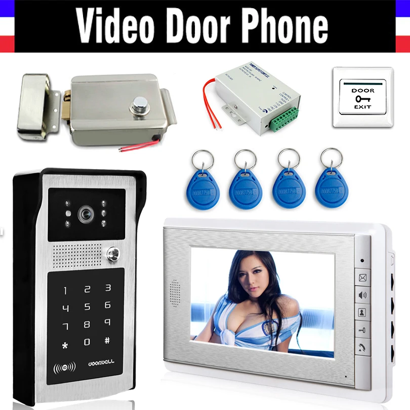 

7 Inch LCD Wired Video Door Phone Doorbell Intercom System Electronic Door Lock ID Card Exit Power Supply Aluminum Alloy Case