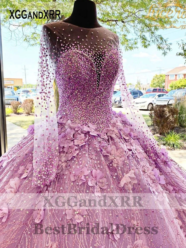 Vestido de noite quinceanera com mangas compridas, vestido de baile XV 3D flores, ouro rosa brilhante, Luxo, 15, 2024