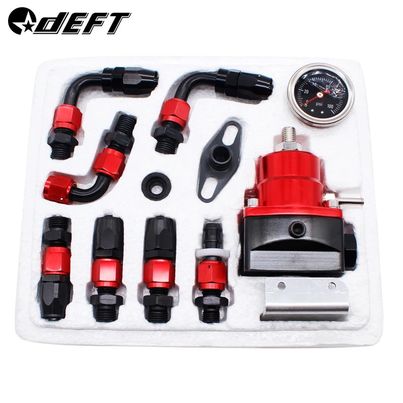 DEFT Universal Adjustable Fuel Pressure Regulator Oil 100psi Gauge AN 6 Fitting EFI Fuel Pressure Regulator End-Black Blue