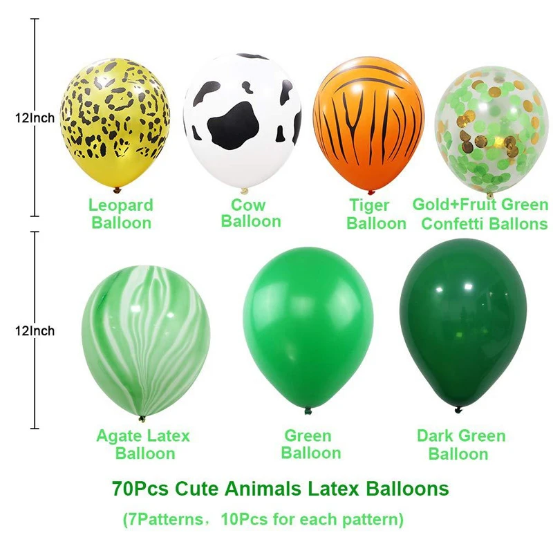 70pcs 12 Inch Jungle Safari Theme Children Birthday Party Balloons Decorations Arch Suit Boys Girls Kids Baby Shower Ballon