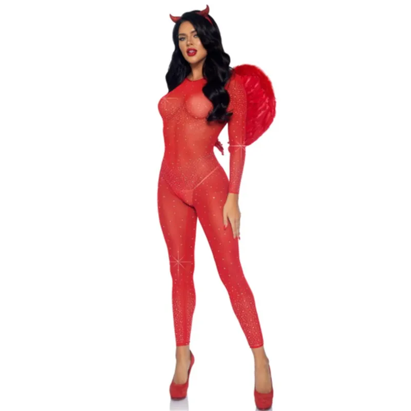 

Halloween Fancy Party Red Demon Evil Angel Devil Vampire Cosplay Costume NightClub Perspective Erotic Lingerie Jumpsuit