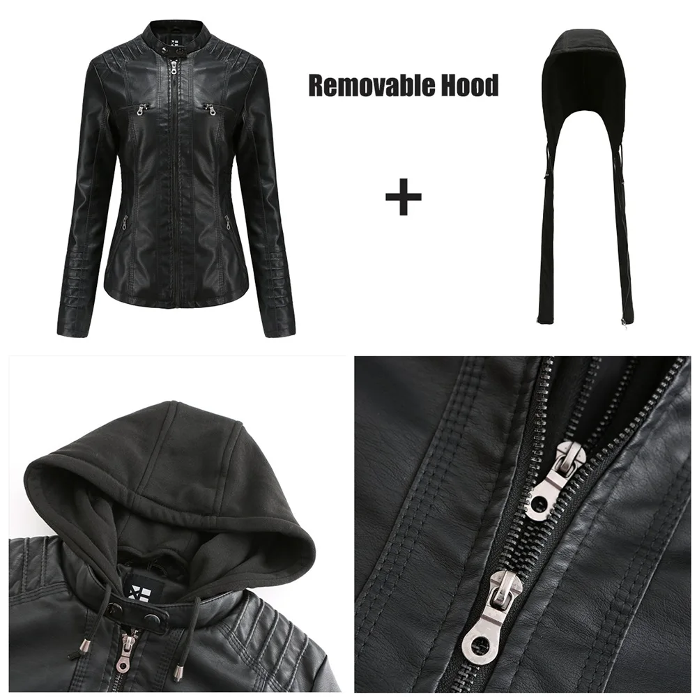 Imagem -06 - Outono Inverno Mulheres Jaqueta de Couro com Capuz Removível Plutônio Jaquetas de Couro da Motocicleta Manga Longa com Zíper Cabolsa Preto Outerwear Xs7xl