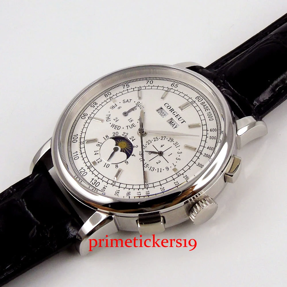 CORGEUT 42mm black/white colors watch dial  day week function leather strap automatic watch men gift