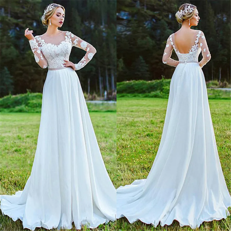 

Bateau Neckline A-Line Wedding Dresses 2020 Chiffon With Lace Appliques Long Sleeves Outside Bridal Dress