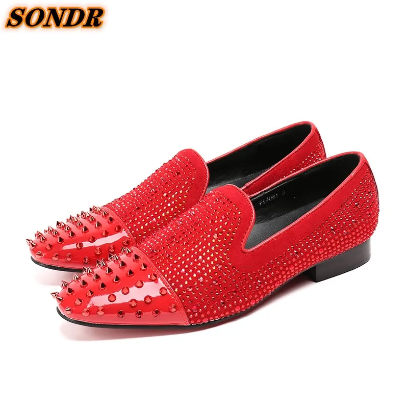 High Quality Men Genuine Leather Glitter Shoes Round Toe Crystal Rivets Loafers Wedding Dress Formal Oxford Sapatos Masculinos