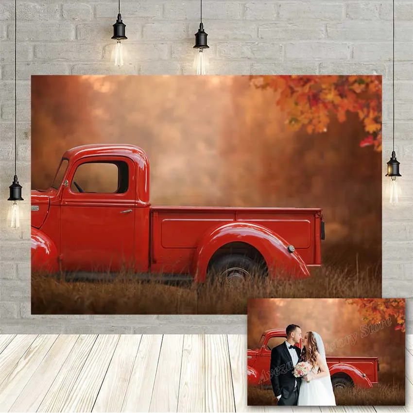 Avezano Autumn Photography Background Wedding Children Portrait Red Truck Yellow Leaves Grass Backdrop For Photo Studio Shooting