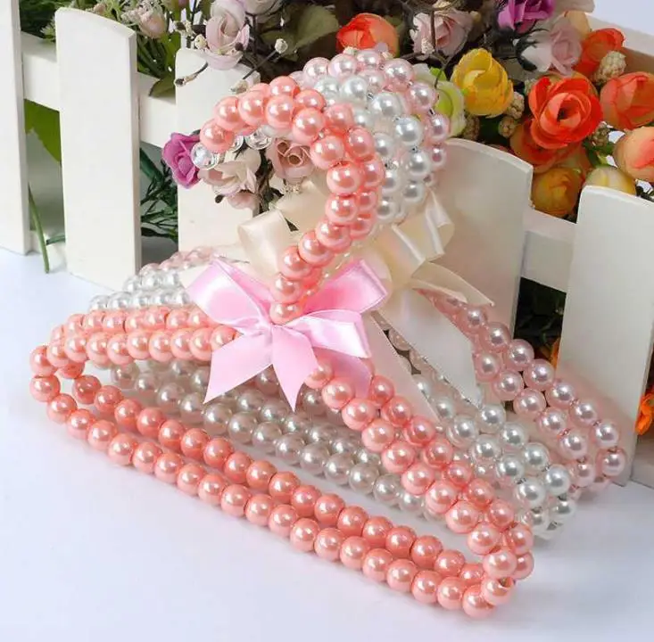 

100pcs/lot Plastic Pearl Beaded Bow Clothes Dress Coat Hangers Wedding For Kid Children Save-Space Storage Organizer Dry Rack SN