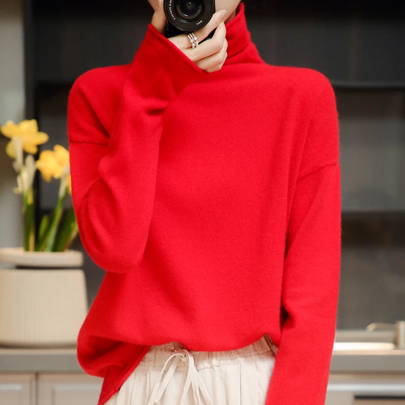 2021 Women's Autumn And Winter New High-Neck Loose Knit Bottoming Sweater, 100 Pure Wool Fashion And Elegant Casual Pullover Top