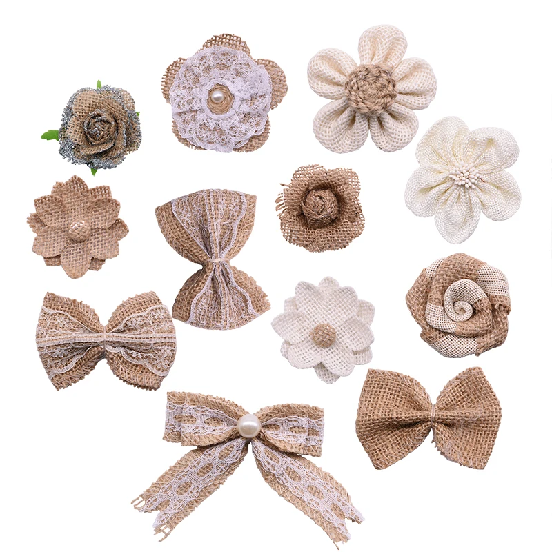 5pcs Burlap Flower Natural Rustic Flower Bowknot with Faux Pearls for Vintage Wedding Decoration Chair Curtain DIY Craft