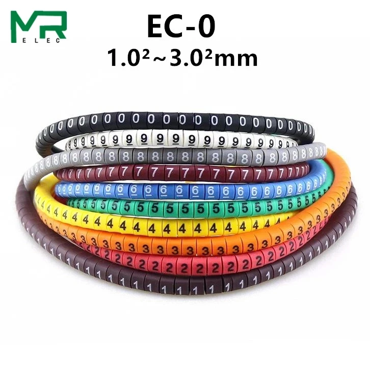 500PCS EC-0 Colored Cable Wire Marker 0 to 9 For Cable Size 1.5 sqmm Colored