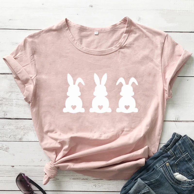 Three Bunnies Easter T-shirt Cute Women Happy Easter Day Gift Tshirt Funny 90s Short Sleeve Graphic Holiday Top Tee Shirt Femme