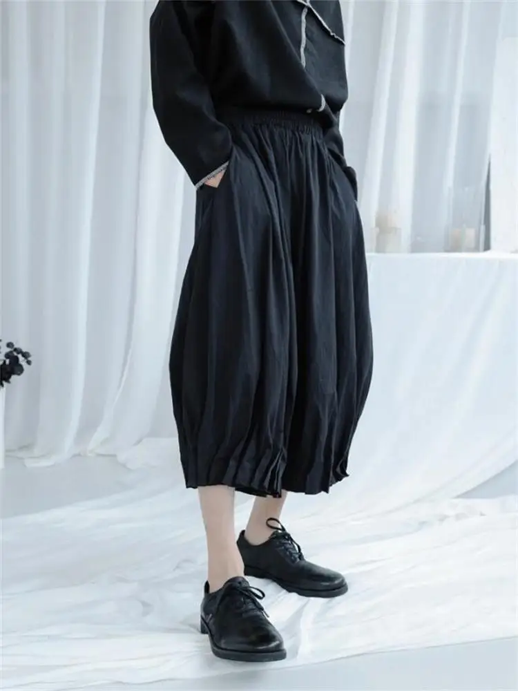 Men's Pant Skirt Wide Leg Pants Spring And Summer New Personality Pleated Design Hyperbolic Super Loose Size Seven Minutes Pants