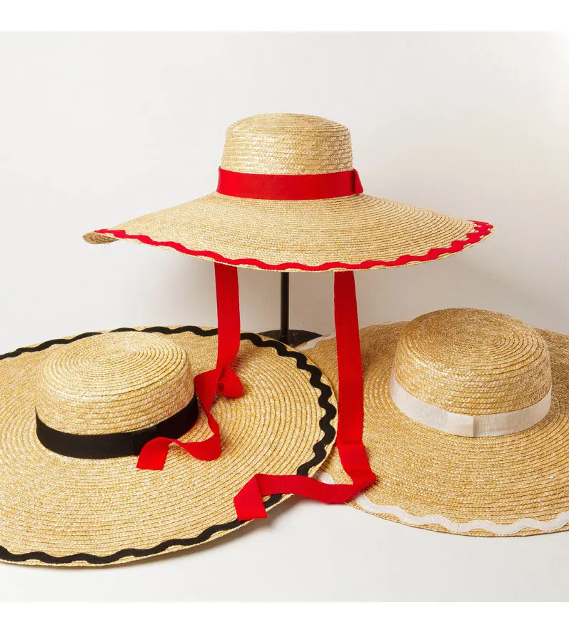 Elegant Chapeu Feminino Summer New Wave Patch Flat Top Big Wide Brim Straw Hat For Lady Holiday Sun Protection Beach Bucket Cap