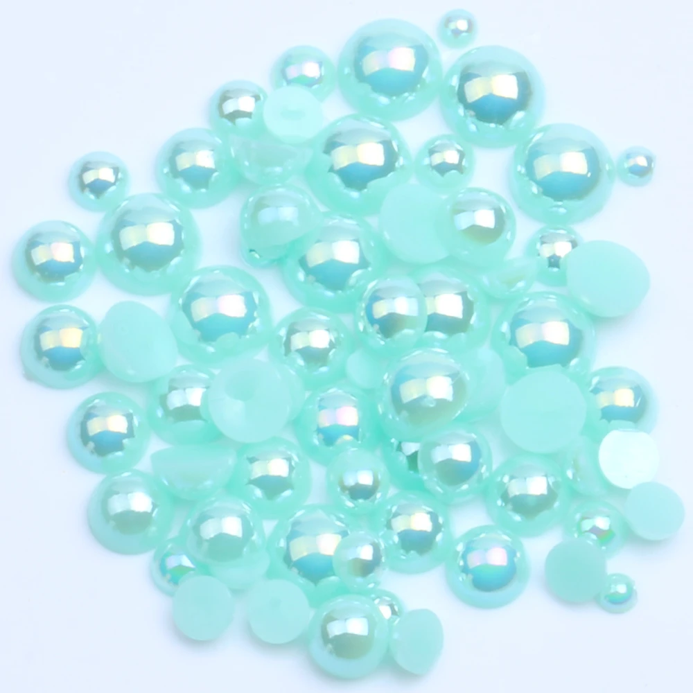 Half Round Pearls Lake Green AB 2-12mm And Mixed Sizes Non Hotfix Glue On Resin Beads DIY Nail Art Garment Decoration