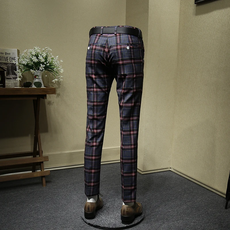 men pants retro slim business man streetwear England style red plaid mens pants autumn spring young mans clothing 30 36