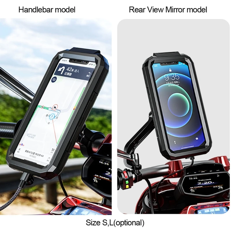 Waterproof Case 12V Motorcycle Handlebar or Rear-View Mirror Charger 15W Qi/ Type C PD Fast Charging Phone Mount 3