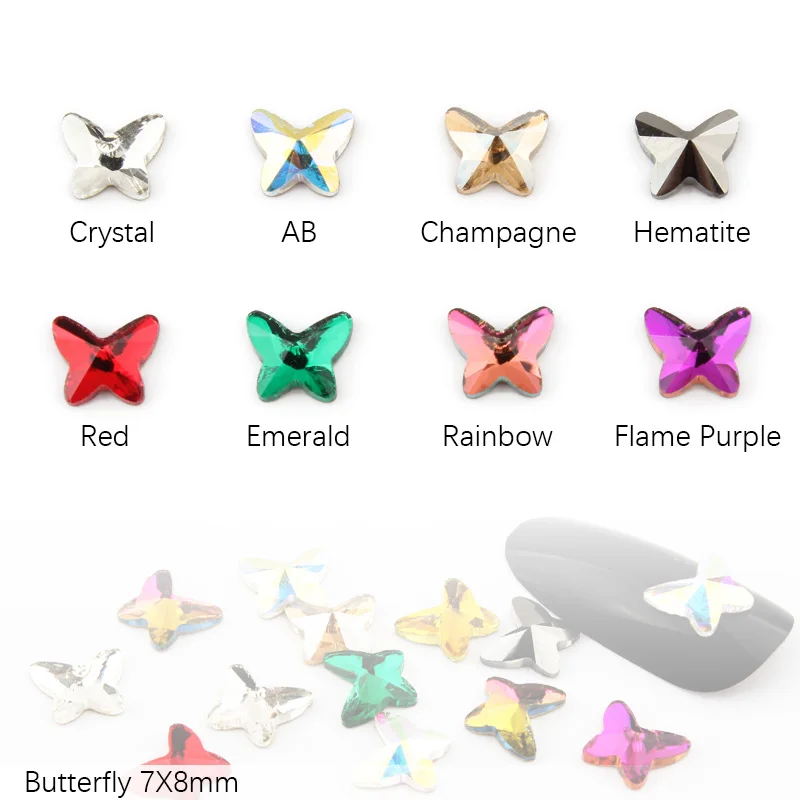 Hot sale New Butterfly 7x8mm Nail Art Rhinestones 9 colors Fancy Crystal stones 30/100Pcs For 3D Nail art decoration